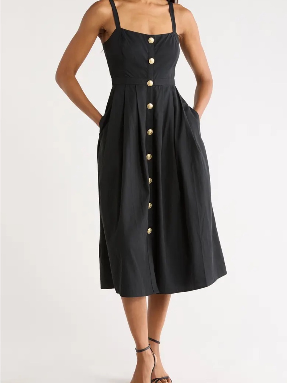 L'AGENCE Black Midi Button-Front Strappy Dress